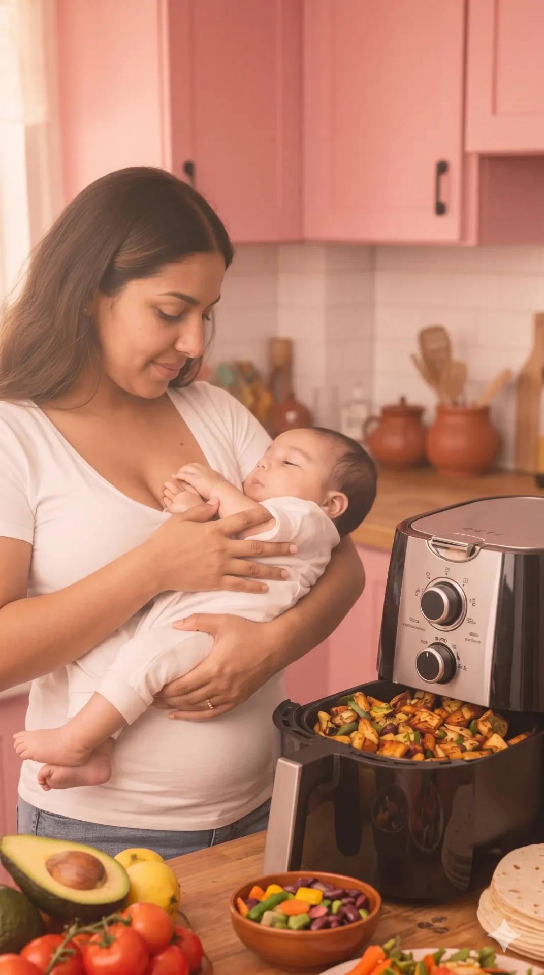 Mamá en lactancia preparando comida saludable en airfryer en 15 minutos